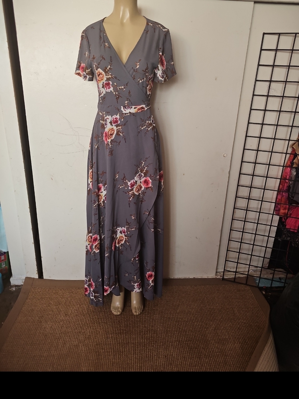 Floral Wrap Maxi Dress in Slate Gray